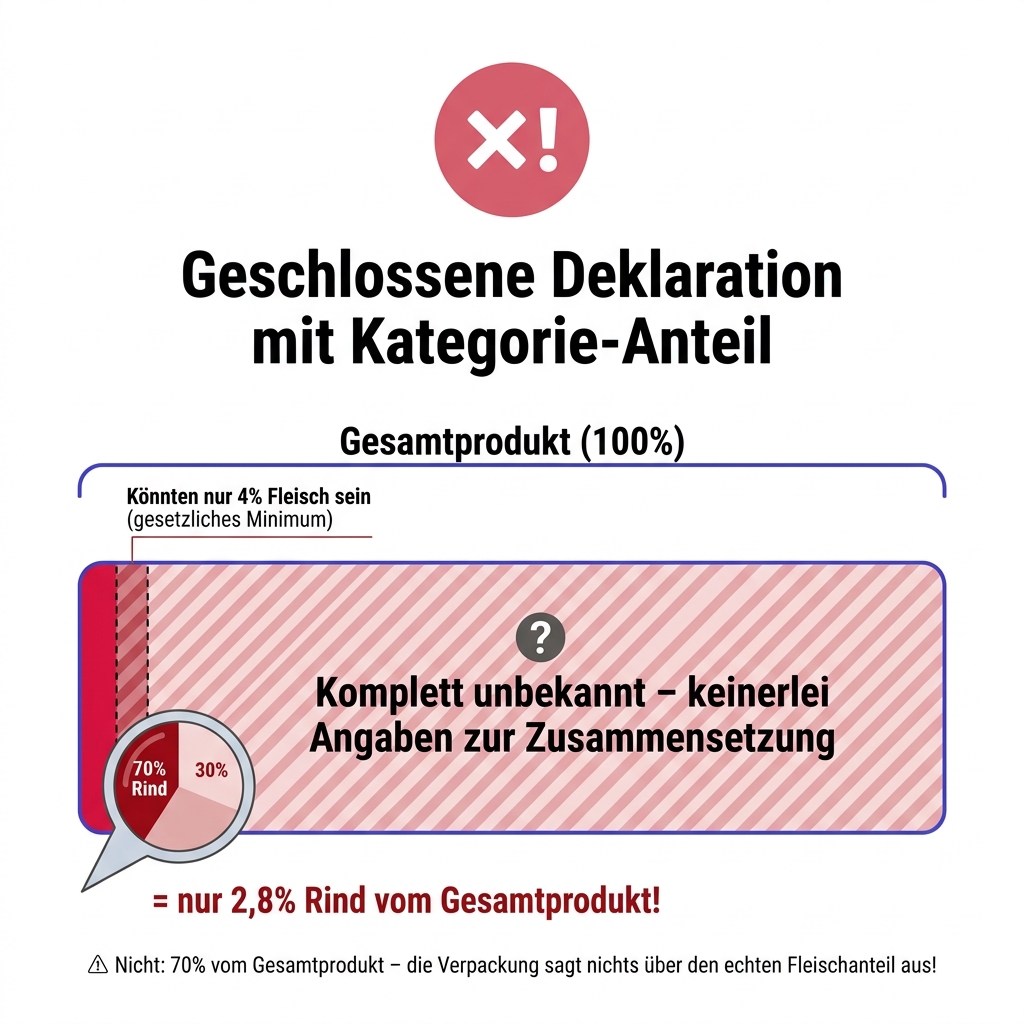 Infografik: '70% vom Rind' innerhalb einer unbezifferten Sammelkategorie bezieht sich nur auf den Anteil in dieser Kategorie, nicht auf das Gesamtprodukt